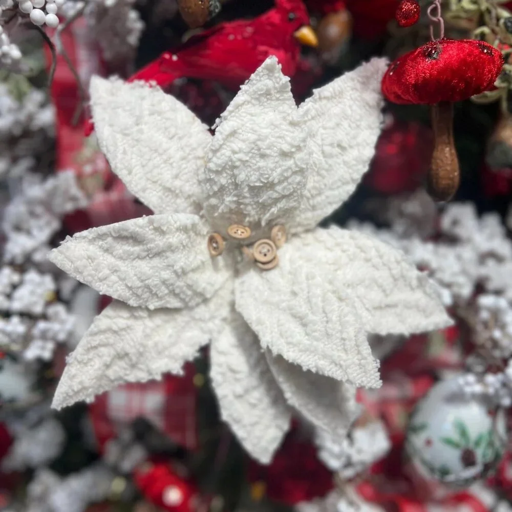 22 inch Winter Chalet White Poinsettia with Buttons Christmas Tree Accent Decor